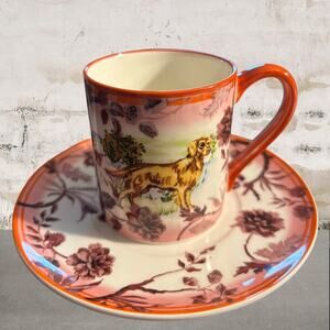Anthropologie NWT Portobello Stoneware Espresso Cup & Saucer-Golden Retriever